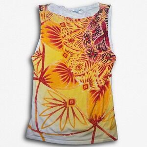 Vintage Cache 90s Beaded Sunburst Floral Tank Top Yellow Orange Red Made in HK